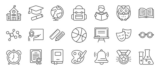 School line icon set. Containing teacher, school building, laboratory, sport, student, diploma, owl, globe, paintbrush and more. Editable stroke. Vector illustration.