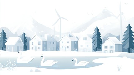 Winter village swans illustration