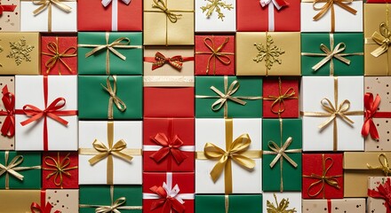 collection of wrapped Christmas gifts, featuring a festive arrangement of red, green, white, and gold boxes adorned with ribbons and decorative accents like snowflakes