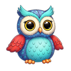 Cute Cartoon Owl Illustration with Bright Turquoise Eyebrows and Pink Belly