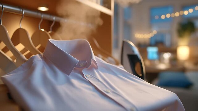 A student irons a crisp shirt in a dorm room with steam rising hangers swinging and a roommate&rsquo;s music playing softly depicted in a neat photo with fabric creases steam clouds