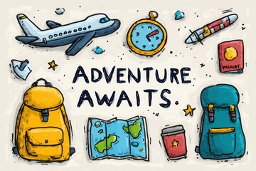 Colorful travel-themed illustration featuring an airplane, clock, backpacks, and a map