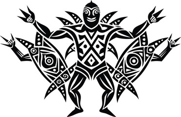 Obraz premium Illustration of a tribal warrior with outstretched arms and tribal designs