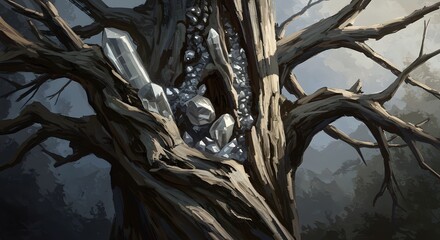 A tree with a hollowed-out section containing crystals