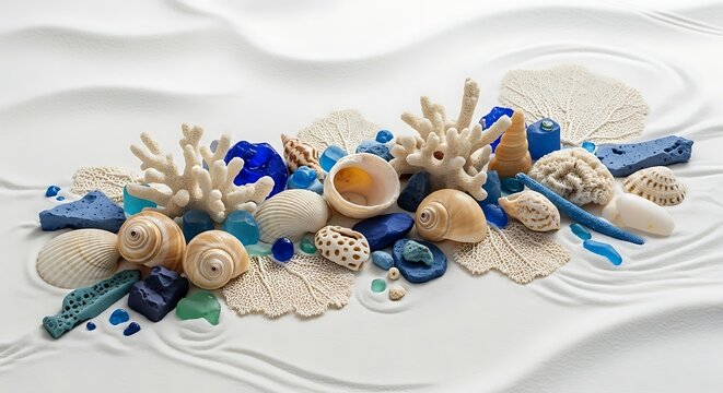 Collection of Seashells, Coral, and Glass Beads on a White Sandy Background