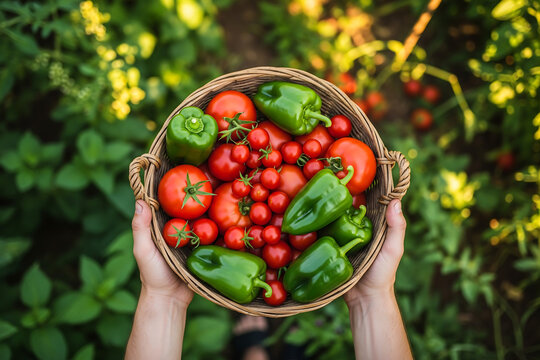 Hands holding a basket full of fresh garden tomatoes and bell peppers