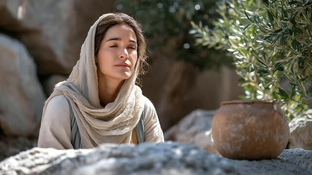 A woman her face etched with sorrow kneels at a tomb its stone surface cold and rough. A cloth veil drapes over her shoulders its edges frayed. A clay jar of ointment sits