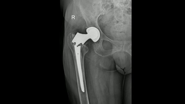 Post-operative pelvic X-ray showing total hip replacement on right side &ndash; femoral and acetabular components
