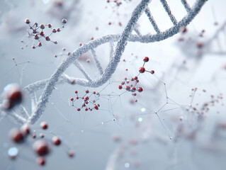 3D rendering of biotechnology concept, DNA double helix surrounded by molecular structures and digital data, futuristic laboratory theme, white background
