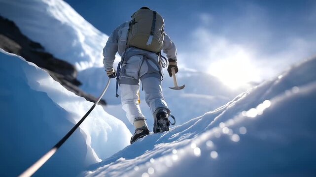 An explorer their boots crunching crosses a snowbridge its surface fragile. A rope its fibers taut secures their waist. An ice axe its tip sharp digs into the ice. A