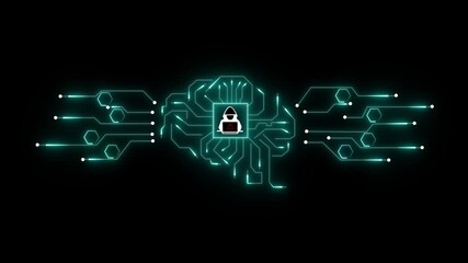 Futuristic digital brain circuit with hacker icon and warning symbol representing cyber security - Powered by Adobe