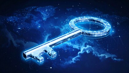 Glowing key overlayed on a digital world map, suggesting access or unlocking. Abstract, futuristic aesthetic. Blue hues and light effects