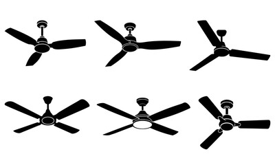 Ceiling Fan Silhouette Set Modern and Classic Black Vector Icons