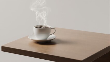 Obraz premium Steaming cup of hot coffee on a minimalist wooden table, inviting morning warmth and focus.
