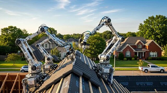 Robots Installing Roof Tiles on Suburban House &ndash; Futuristic Construction