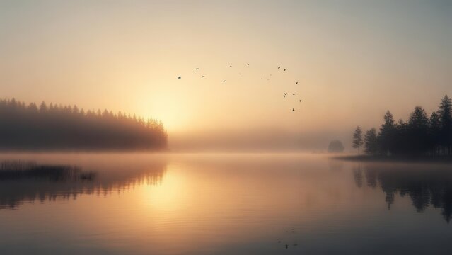 Tranquil sunrise over misty lake with birds flying, a serene escape for peaceful contemplation and nature lovers.