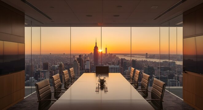 Modern conference with a panoramic view of a city skyline at sunset