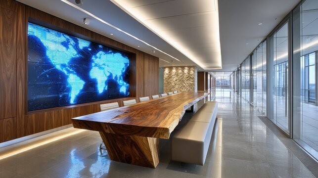 Modern office conference table with world map display