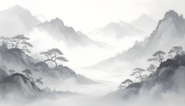 Minimalist ink wash landscape grayscale mountains misty valley sumi e style soft brush serene mood nature scene tranquil