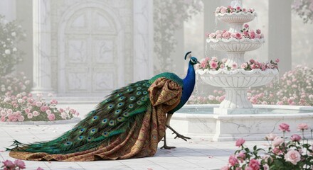 Peacock in Victorian clothing standing near a fountain in a garden  