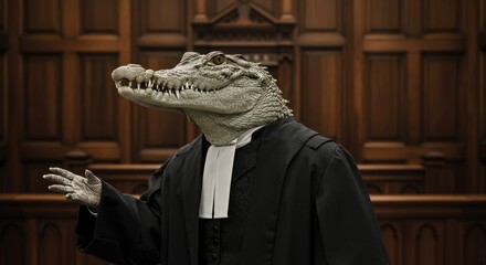 Crocodile wearing lawyer's robe and speaking in courtroom setting - Concept of animals in Victorian clothing  