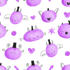 Doodle cartoon pumpkin for halloween seamless pattern.  . Pumkin monster hand drawn illustration on isolated background. Painted. Boo monster violet