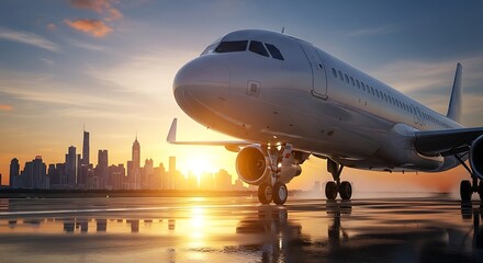 Commercial airplane preparing for takeoff with city skyline at sunset