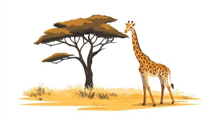 Giraffe under acacia tree illustration