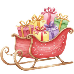 Red sleigh filled with colorful gift boxes with ribbons  
