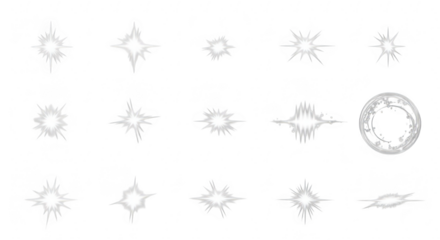 Collection of sparkling white light effects and starbursts on a black background