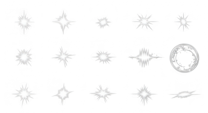 Collection of sparkling white light effects and starbursts on a black background
