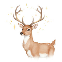 Brown deer with antlers surrounded by stars in a whimsical style  
