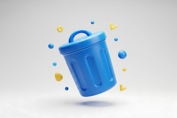 Blue 3d trash can icon floating with colorful bubbles