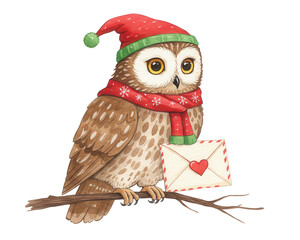 Cute owl wearing Christmas hat and scarf holding a letter  