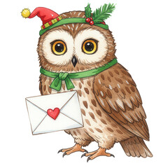 Christmas owl wearing hat and holding letter with heart symbol  