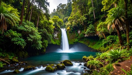 Naklejka premium Lush waterfall in a vibrant forest
