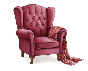 Cozy red armchair with plaid blanket draped over the arm  