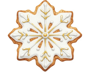 Snowflake-shaped gingerbread cookie decorated with white frosting  