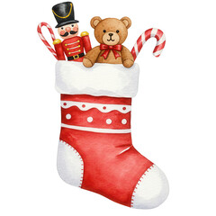 Christmas stocking filled with toys and candy canes  