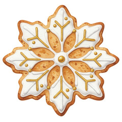 Gingerbread snowflake cookie decorated with white icing and golden details  