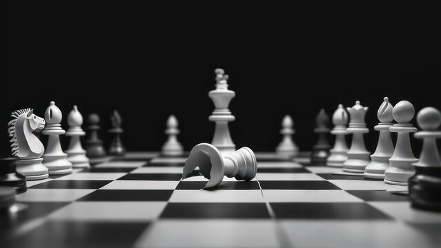 Dramatic chess game climax depicts fallen king symbolizing strategy, defeat, and victory in business