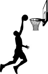 Basketball player leaping high for slam dunk, arm extended holding ball silhouette