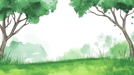 Watercolor illustration of green trees and grassy landscape