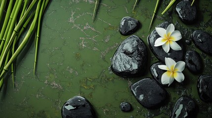 Spa stones and flowers on green surface