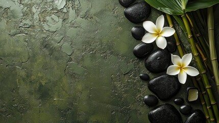 Spa stones and flowers on dark background