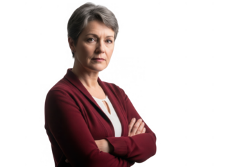 Mature woman with short grey hair wearing a red cardigan with arms crossed transparent background