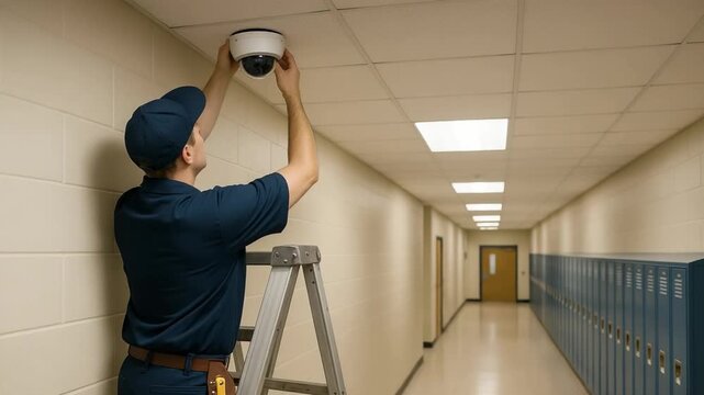 Technician installing surveillance camera in school hallway safety measures educational environment low angle view