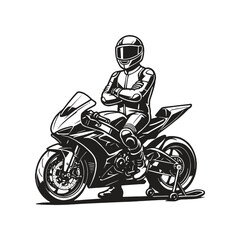 black and white vector illustration of a professional motorcycle racer posing on a modern racing bike wears a full body racing suit