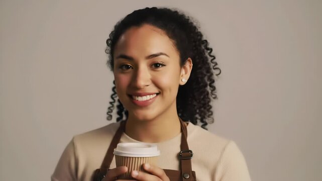 Close-up portrait of a smiling person with dark curly hair, wearing an apron, holding a paper coffee cup. Neutral background.