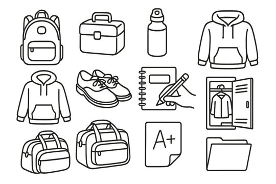 Student Essentials Icons. Line style icons of student essentials: backpack, lunchbox, water bottle, ID badge; hoodie, school shoes